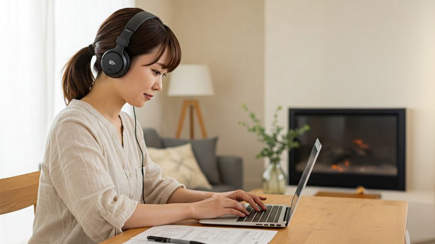 ヘッドホンをして音声を文字起こしする女性