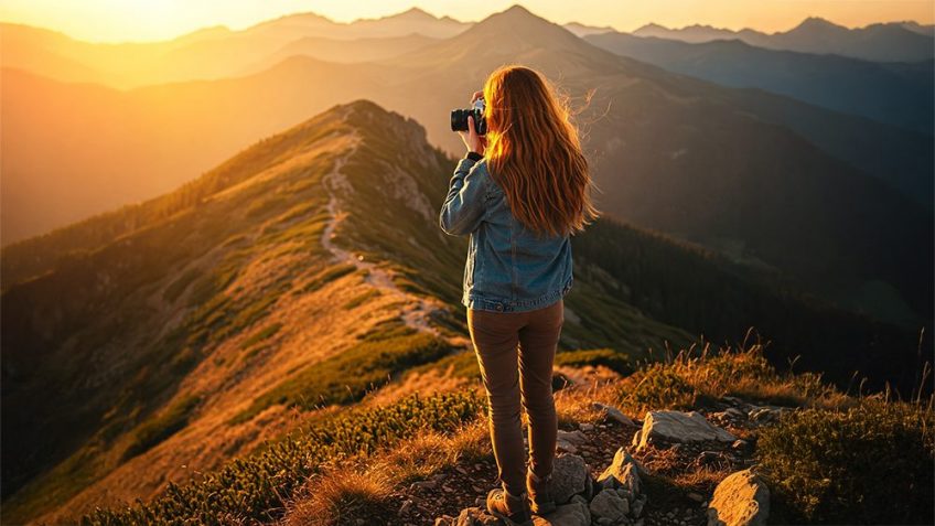 山の頂上で夕陽の写真を撮る女性