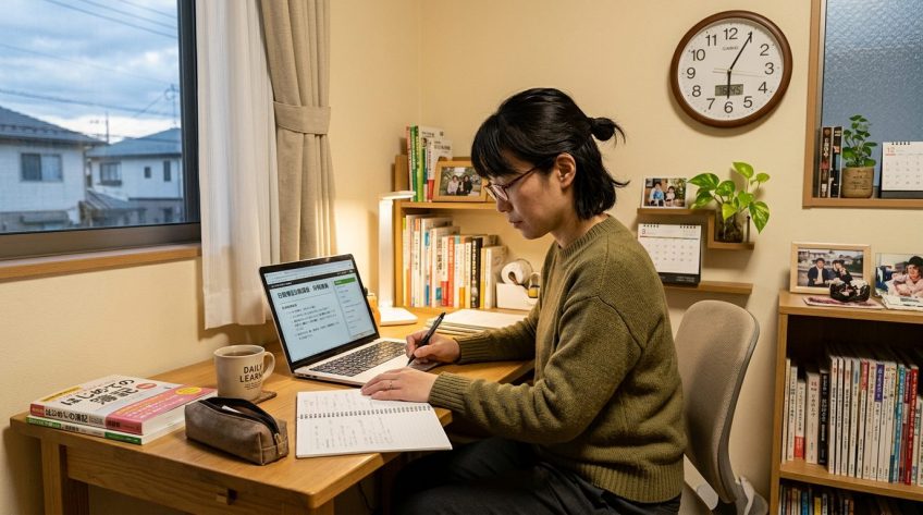 パソコンで勉強をする主婦