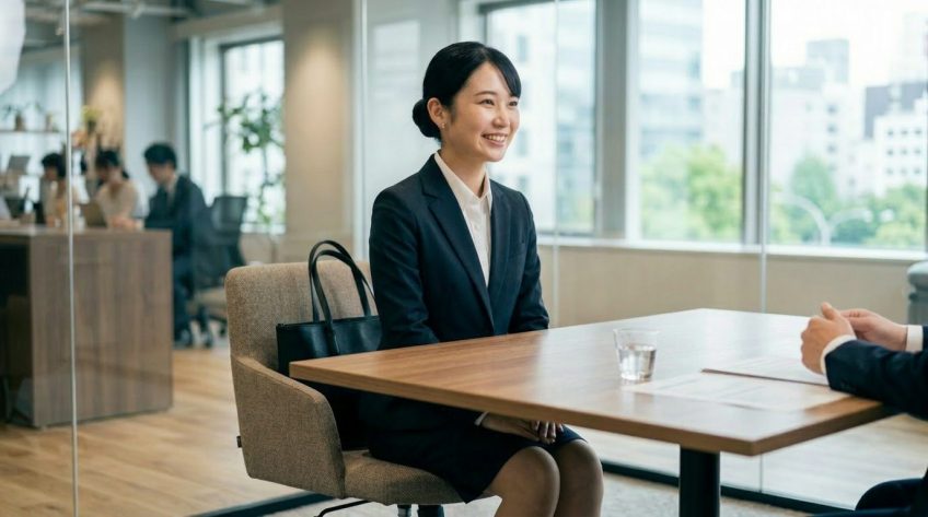 面接を受けるスーツの女性