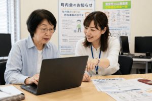パソコンの不明点を教えている様子